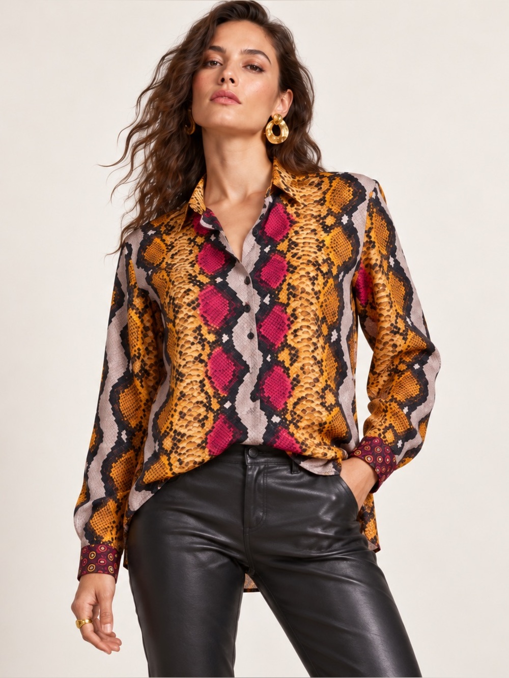 Etro Multicolor Python Print 100% Silk Button-Front Blouse IT 38
